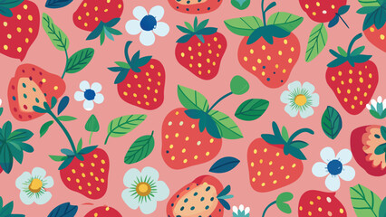Red strawberries and white flowers on a pink background pattern strawberry fruit