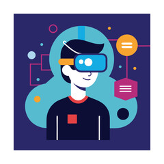 Person wearing VR headset with digital network connections