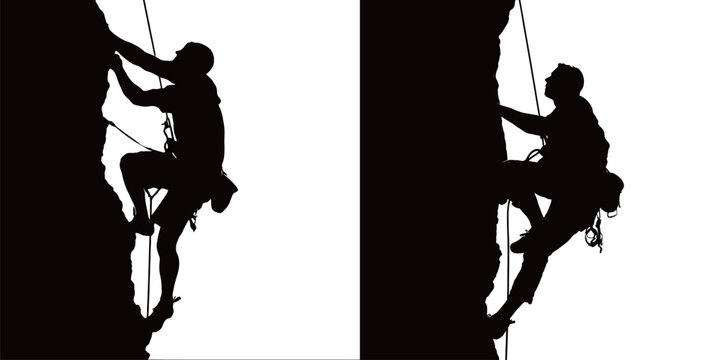 Two climbers are ascending a tall rock face, showcasing their climbing technique and determination against a bright background. The setting emphasizes the thrill of outdoor climbing. - Powered by Adobe