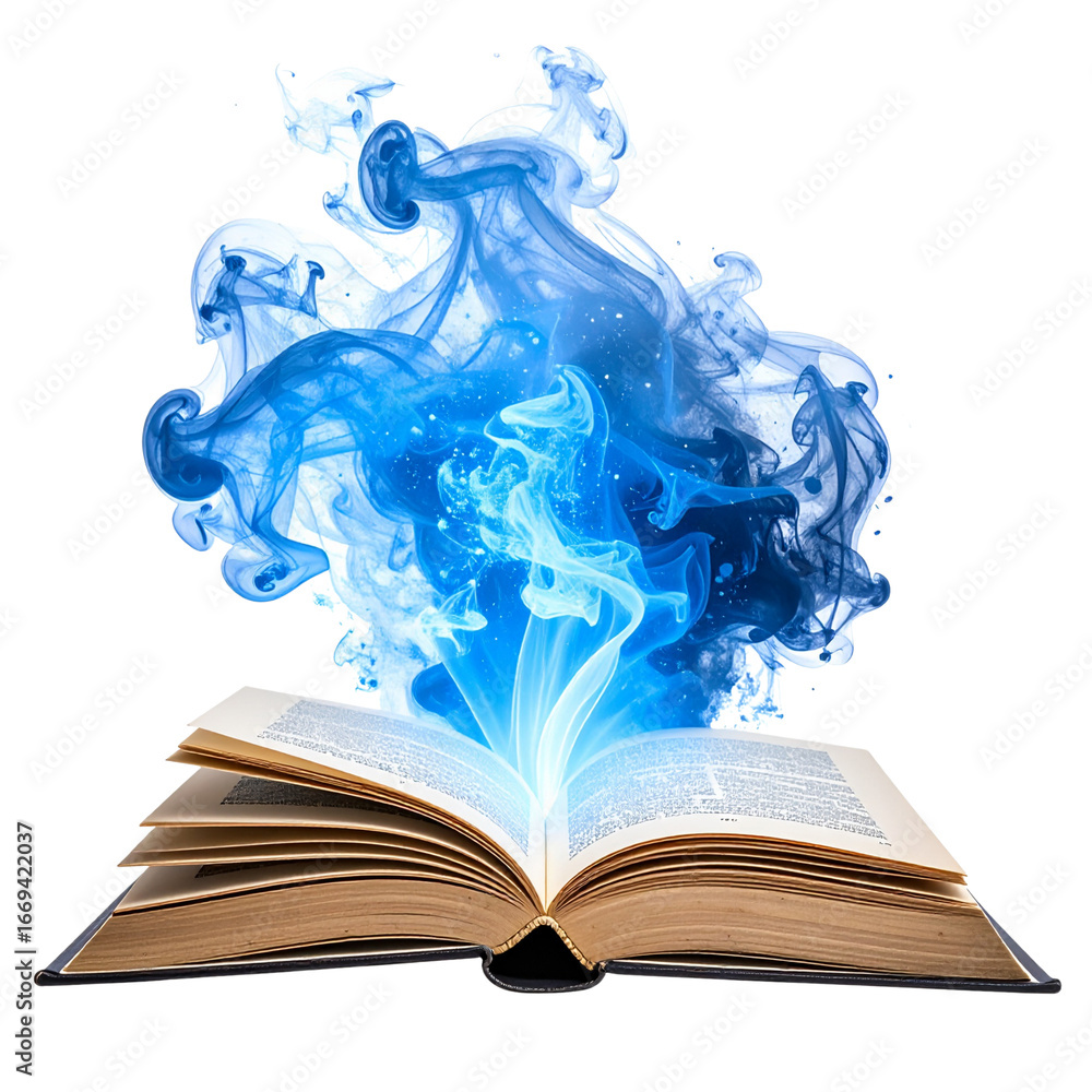Aufkleber an open book of flowing ink and paper flowers rises into a blue sky with clouds, a symbol of learnin