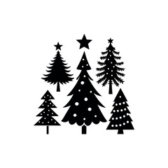Monochrome Christmas Trees with Star Toppers in Simple Stylized Silhouette Style
