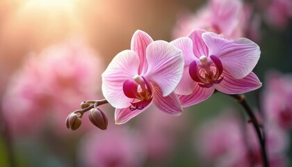 Close-up of soft pink and white orchid flowers in a vibrant garden. Gentle light creates a dreamy, serene atmosphere with blurred bokeh background. Delicate petals and buds highlight natural beauty.