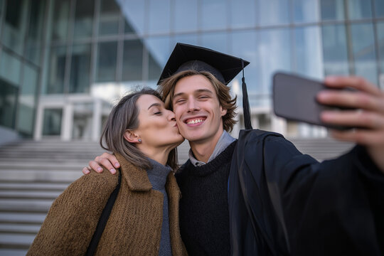 Happy young graduate celebrating with family, taking a selfie outside the university after graduation ceremony. Generative AI