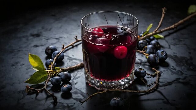 Glass of homemade blueberry and cherry compote with fresh berries on dark background, refreshing natural fruit drink, healthy beverage concept with copy space