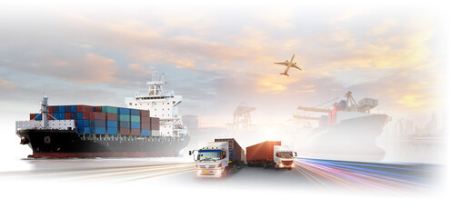Global business of Container Cargo freight train for Business logistics concept, Air cargo trucking, Rail transportation and maritime shipping, Online goods orders worldwide