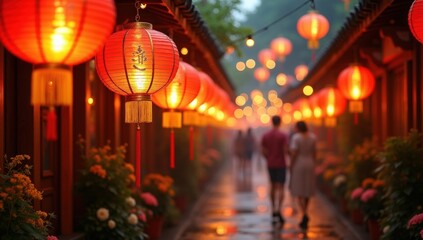 Fototapeta premium Red and gold lanterns hang along a street at night, glowing warmly through a subtle fog. The festive decorations create a cinematic, magical atmosphere, evoking cultural celebrations and night-time