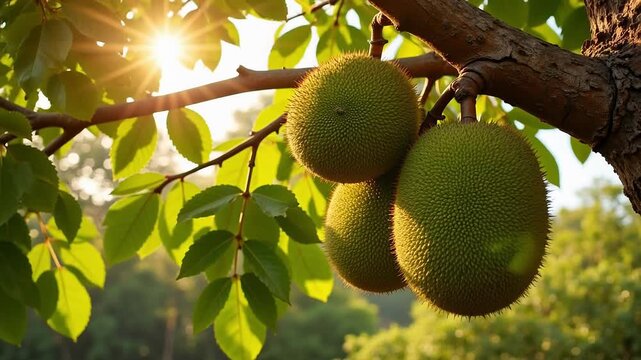 Abundant breadfruits ripen on tall tropical tree branches bathed in warm, radiant sunlight, showcasing nature's bounty in stunning 4k video.