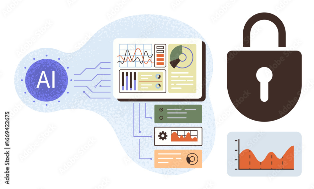 Fototapete ai chip with data analytics dashboards, lock icon, and graphs. ideal for ai, data analysis, security