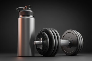 Obraz premium Exercise essentials including a dumbbell and a sport bottle amid a minimalistic backdrop for fitness enthusiasts