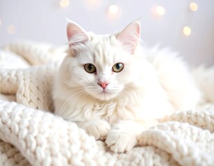 Obraz premium White cat resting on a cozy white knit blanket with soft bokeh lights