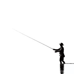 Obraz premium A lone fisherman stands in shallow water, silhouetted against a bright morning sky. He casts his fishing line with careful precision, embracing the tranquility of dawn.