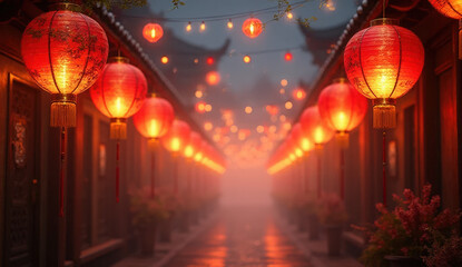 Red and gold lanterns hang along a street at night, glowing warmly through a subtle fog. The festive decorations create a cinematic, magical atmosphere, evoking cultural celebrations and night-time