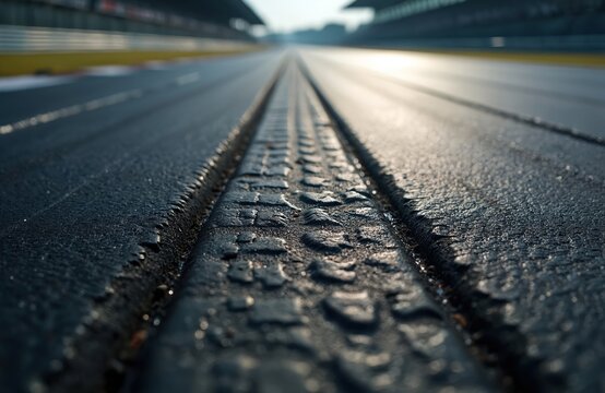 Close-up asphalt texture on a race track with tire marks. Sun shines on the empty circuit lanes, creating dramatic light and shadow. Ideal for motorsport, speed, and automotive themes. - Powered by Adobe