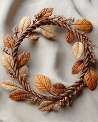 Autumnal Dried Leaves and Twine Wreath on Beige Linen Fabric