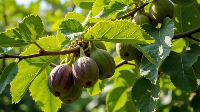 Abundant ripe figs bursting with flavor hang in lush green clusters on sun-kissed tree branches, perfect for healthy eating and natural beauty visuals.