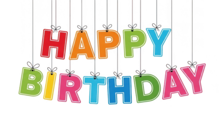 Colorful happy birthday message with hanging letters against a solid celebratory event transparent background