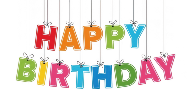 Colorful happy birthday message with hanging letters against a solid celebratory event transparent background