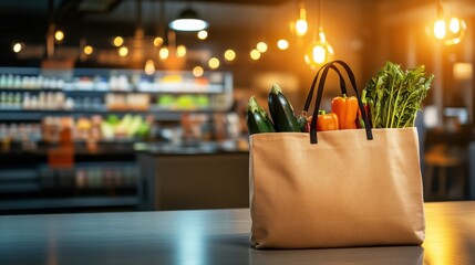 Fresh Grocery Bag Filled with Vegetables in Modern Store Atmosphere