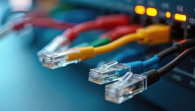 Colorized Ethernet cables connect to network switch ports. RJ45 connectors in red, yellow, blue, black. Technology, data transfer, digital communication concept. Network infrastructure, equipment.