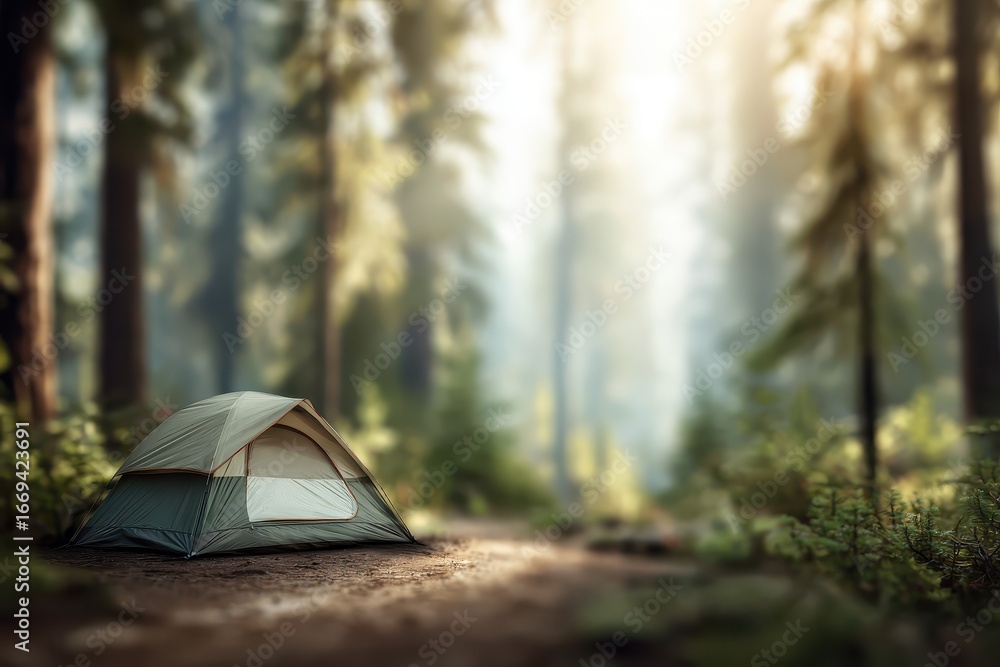 Poster camping in a serene forest setting during the golden hour with a tent pitched along a tranquil path 
