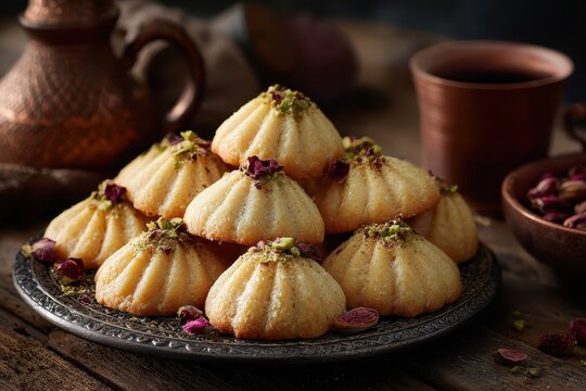 Eid celebration features beautifully arranged Maamoul cookies garnished with nuts and rose petals on a traditional server - Powered by Adobe