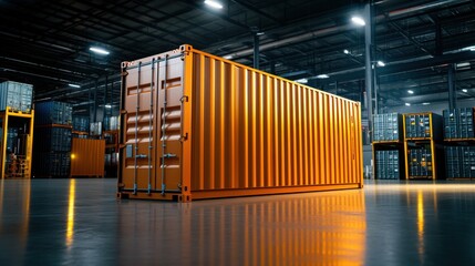 Industrial Warehouse with Bright Orange Shipping Container Interior