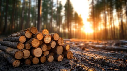 Sunlit Forest Logs Piled on Forest Floor at Sunrise in Nature Scene