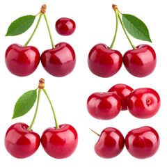 Vector illustration of two ripe red cherries with a green leaf on a white background