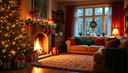 A cozy Christmas living room featuring a glowing fireplace and a beautifully decorated tree with twinkling lights. Ornaments softly reflect the warm light, creating a festive and cinematic atmosphere 