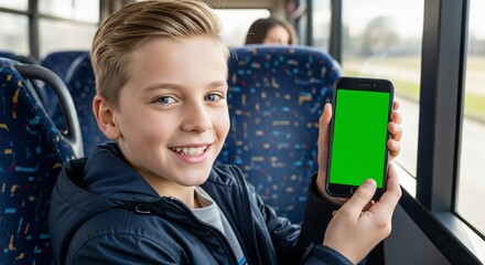 Smiling boy displays green screen phone on bus for your app promo