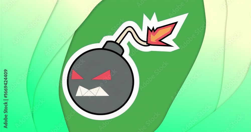 Aufkleber showing bomb starting flickering flame on fuse then remaining static against layered green backdrop