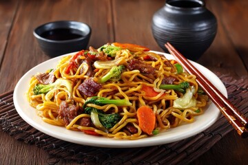 Delicious Chinese Yakisoba with colorful vegetables and tender meat served on a plate with chopsticks and complementary sauces in an inviting setting