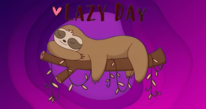 When heading letters animating, hearts appearing while sloth sleeping on branch conveying lazy day