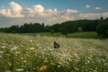 A monarch butterfly rests on a wild daisy in a sundrenched meadow with a forest in the background under a cloudy sky