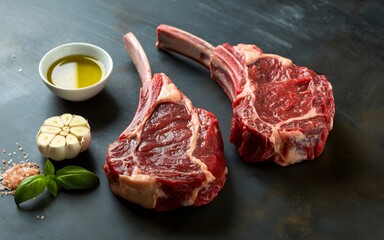 Two Raw Tomahawk Steaks with Seasonings raw meat beef