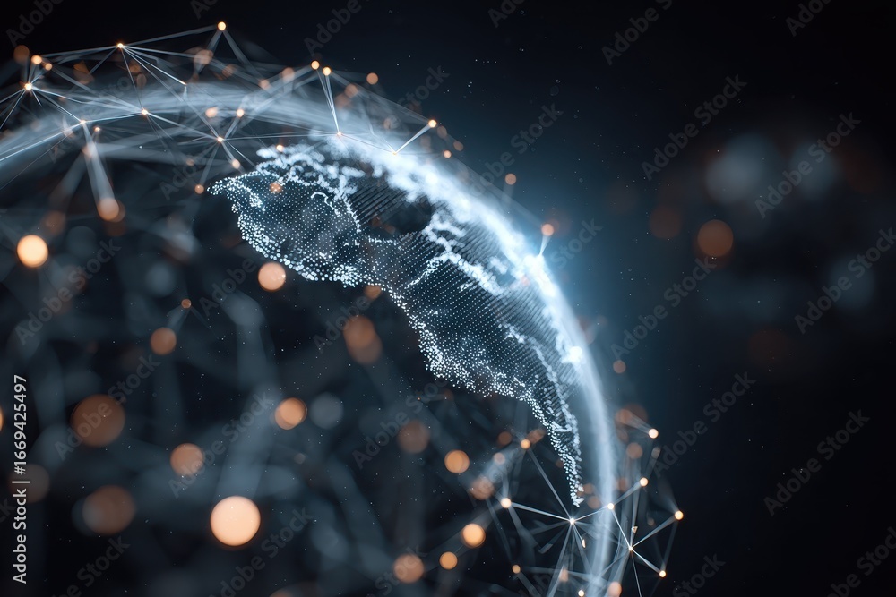 Poster futuristic blockchain technology background showcasing a digital globe with interconnected nodes and
