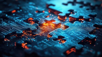 Abstract Jigsaw Puzzle Circuit Board, Blue Technology Background, Glowing Orange Light