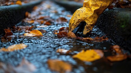 Hand in yellow glove collecting fallen leaves in a stream