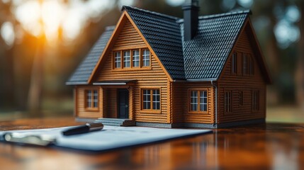 Wooden house model on documents