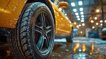 Yellow car tire with snow and water in garage