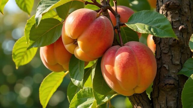 Vibrant nectarines glisten on tree branches bathed in warm sunlight, a juicy and refreshing summer harvest captured in stunning 4k video footage.