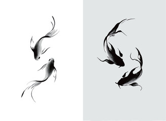 Two distinct black and white artworks showcase koi fish in fluid motion.