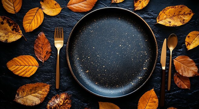 Dark speckled plate with golden cutlery and autumn leaves fall leaf