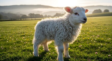 Obraz premium A fluffy white lamb standing in a green field with distant hills under a bright sunny sky at daytime
