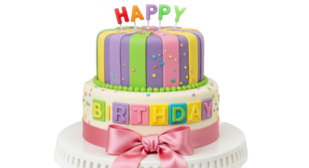Two-tiered birthday cake with colorful frosting and "happy birthday" candle toppers decorated with a pink bow transparent background