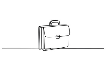 Minimalist continuous line drawing of a classic leather briefcase standing upright on a simple horizontal line