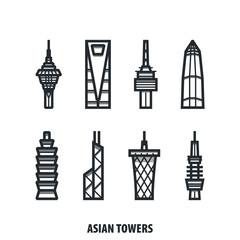 Asian famous skyscrapers, towers, city landmarks image bundle. Thin line vector contour, logos, icons, badges. Flat image set with buildings from China, Japan, South Korea
