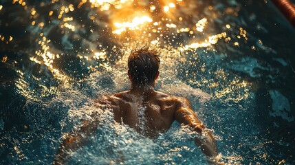 Man swimming in pool at sunset