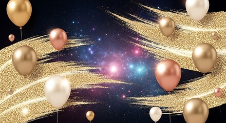Festive cosmic design featuring golden brushstrokes and floating balloons