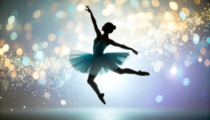 Artistic composition of ballerina silhouette performing jump surrounded by glowing bokeh lights.